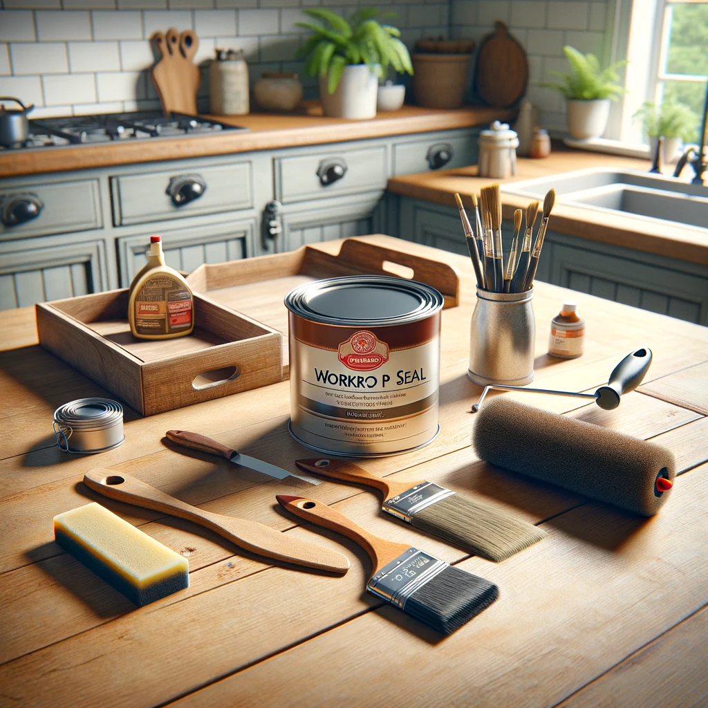 DALL·E A realistic image of tools laid out on a wooden kitchen worktop, ready for the process of oiling and maintenance. The scene includes a tin of worktop